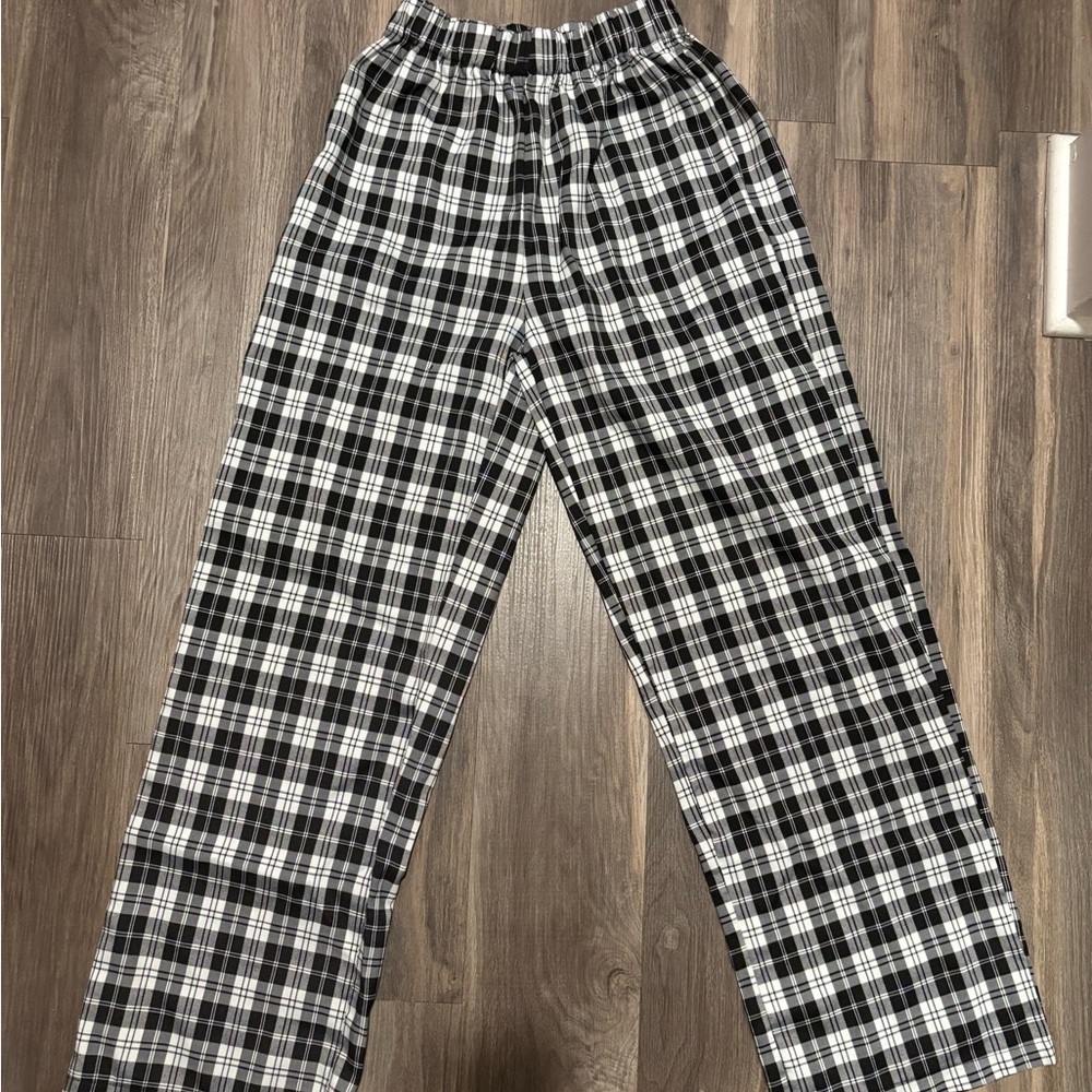 Plaid Wide Leg Pants - Black and White